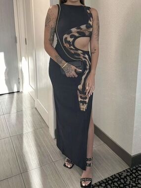 Black Maxi Dress with Snake Print Cutout